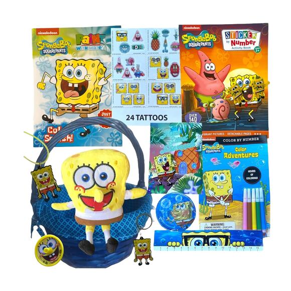SpongeBob SquarePants Gift Basket | Plush, Coloring Books, Tattoos, Toys + More - Picture 1 of 10
